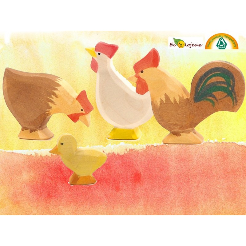 Figurines animaux en bois Famille Poule Ostheimer 13113 13118 13123 13121