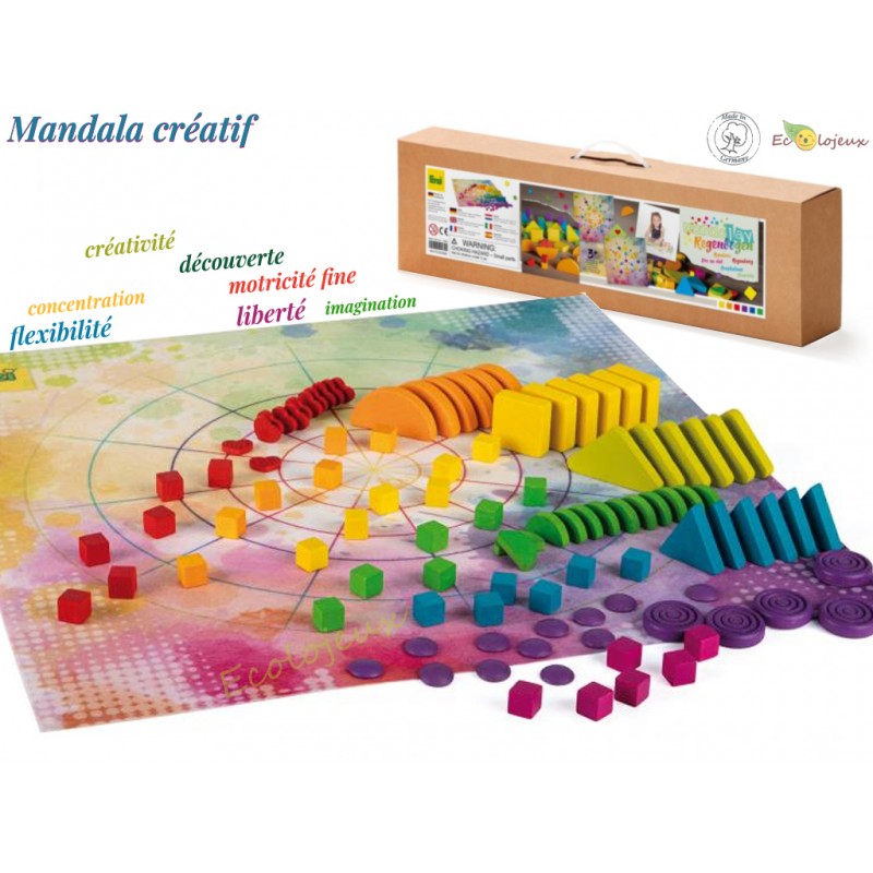 Jouet libre bois Mandala arc en ciel créatif Mandalay rainbow Erzi 102 pcs Jeu construction 42280