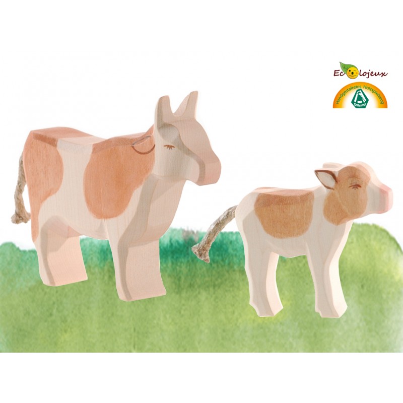 Figurine  en bois fait main Ostheimer Animal en bois Vache veau Animaux de la ferme