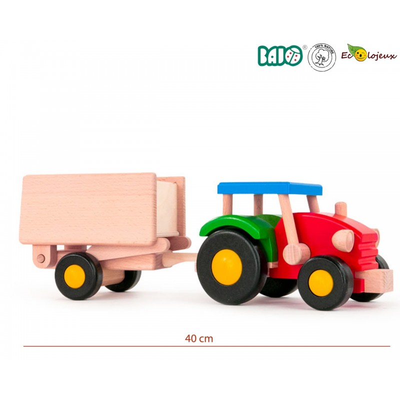 Jouet bois Tracteur en bois avec remorque Bajo 43310 Jouet tracteur ferme enfant